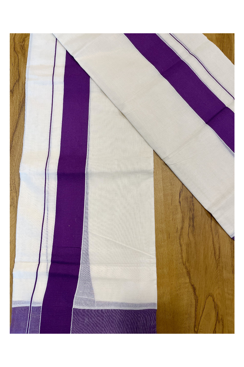 Kerala Cotton Mundum Neriyathum Single (Set Mundu) with Violet Border 2.80 Mtrs