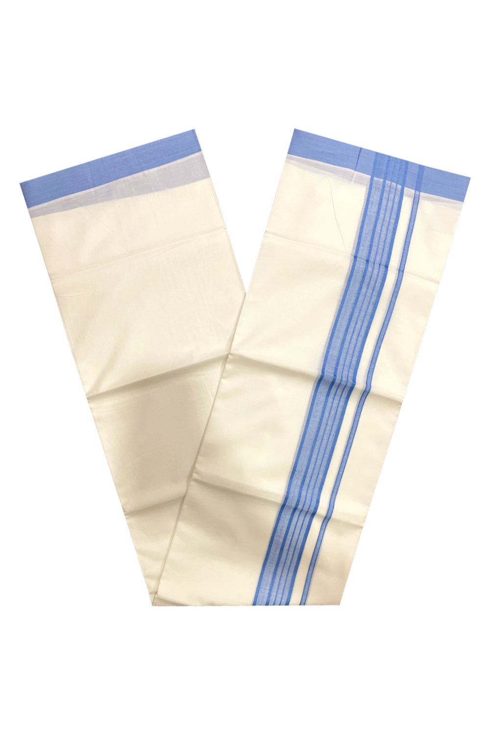 Pure White Cotton Double Mundu with Blue Border (South Indian Kerala Dhoti)