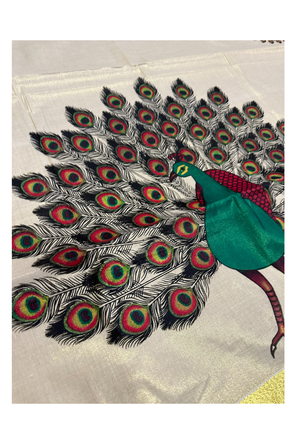 Kerala Tissue Kasavu Saree with Peacock Mural Prints (Onam Saree 2023)