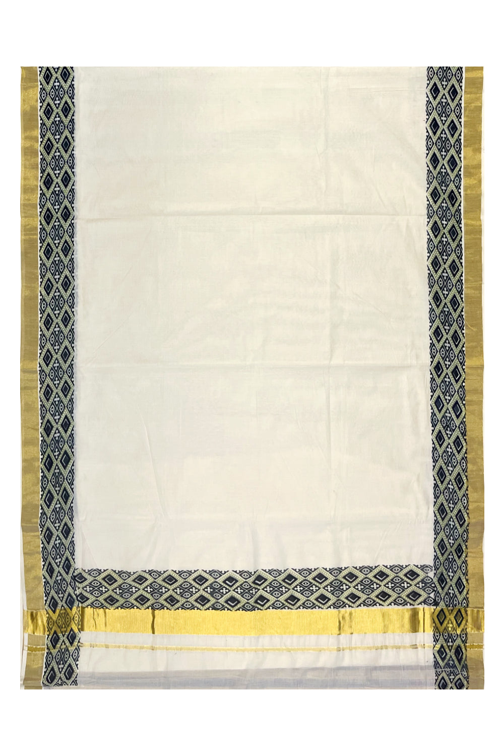 Kerala Pure Cotton Kasavu Saree with Ajrakh Stitched Borders and Matching Blouse Piece