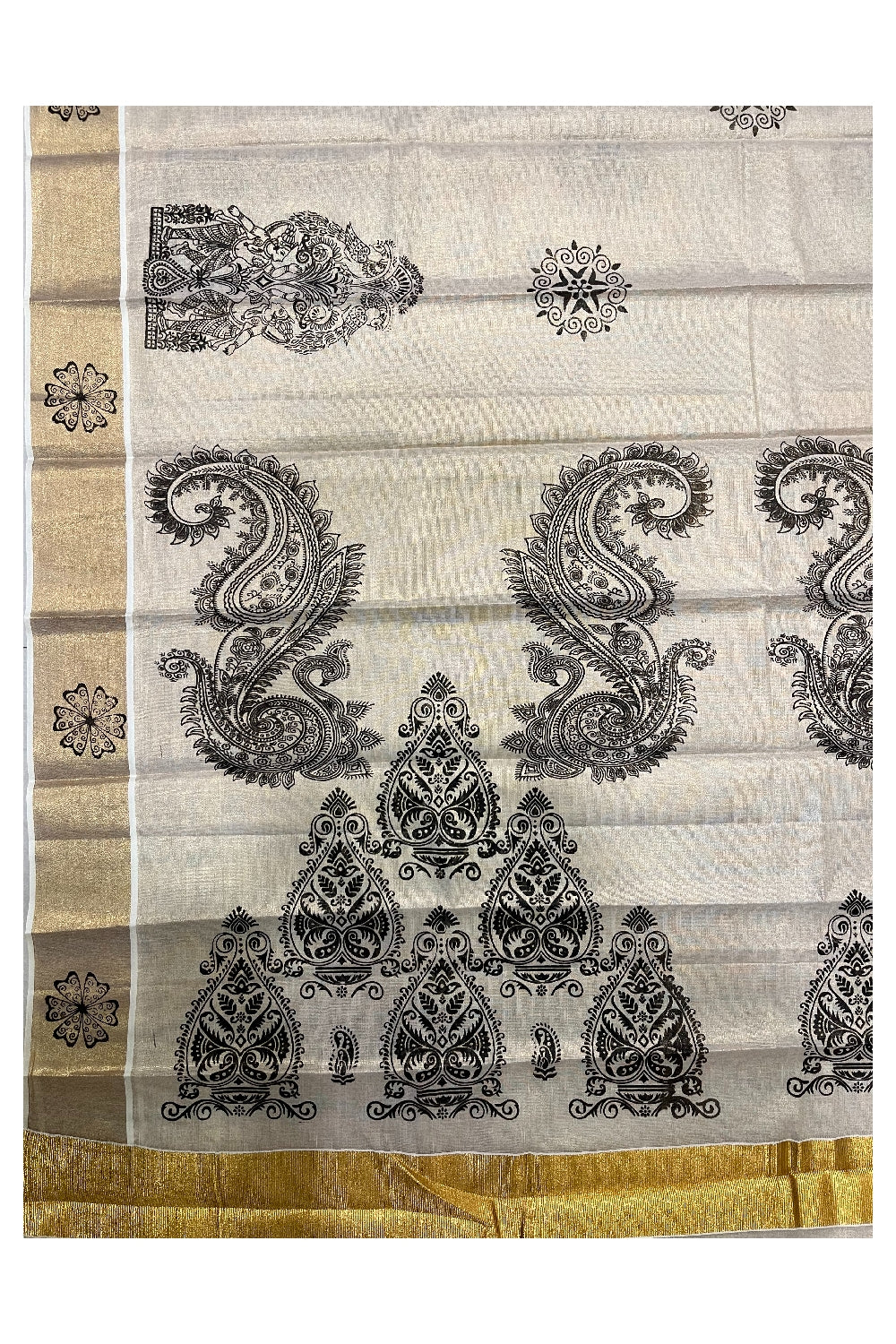 Kerala Tissue Kasavu Saree With Mural Printed Design (Vishu 2024 Collection)