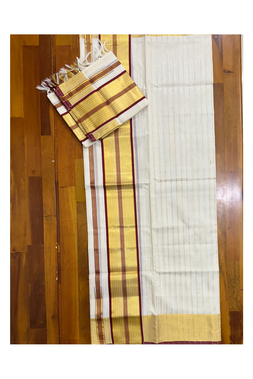 Southloom Premium Handloom Set Mundu with Maroon Border and Kasavu Lines Across Body 2.80 Mtrs