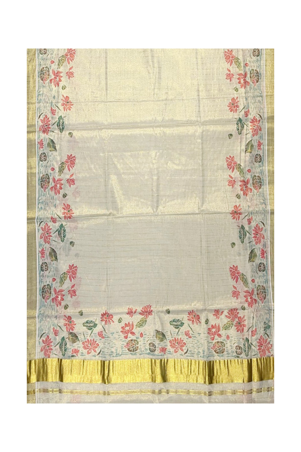 Kerala Tissue Kasavu Lines Saree with Lotus Floral Prints On Border