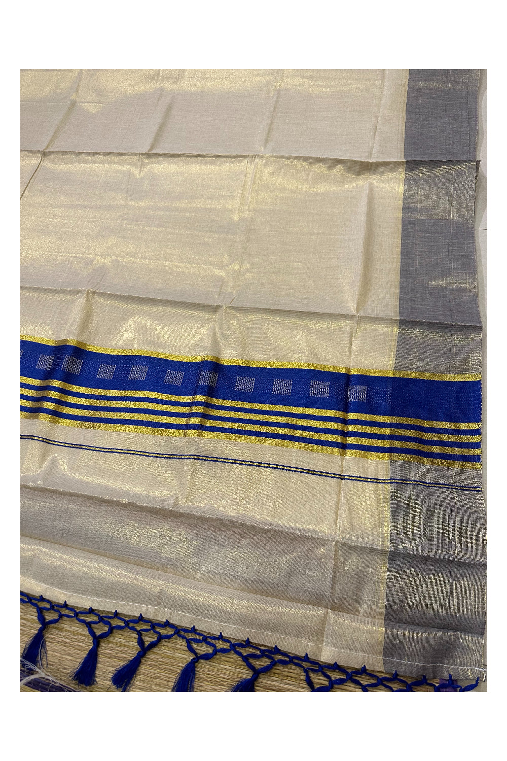 Kerala Tissue Saree with Kasavu Blue Border and Tassels Works on Pallu (Onam Saree 2023)