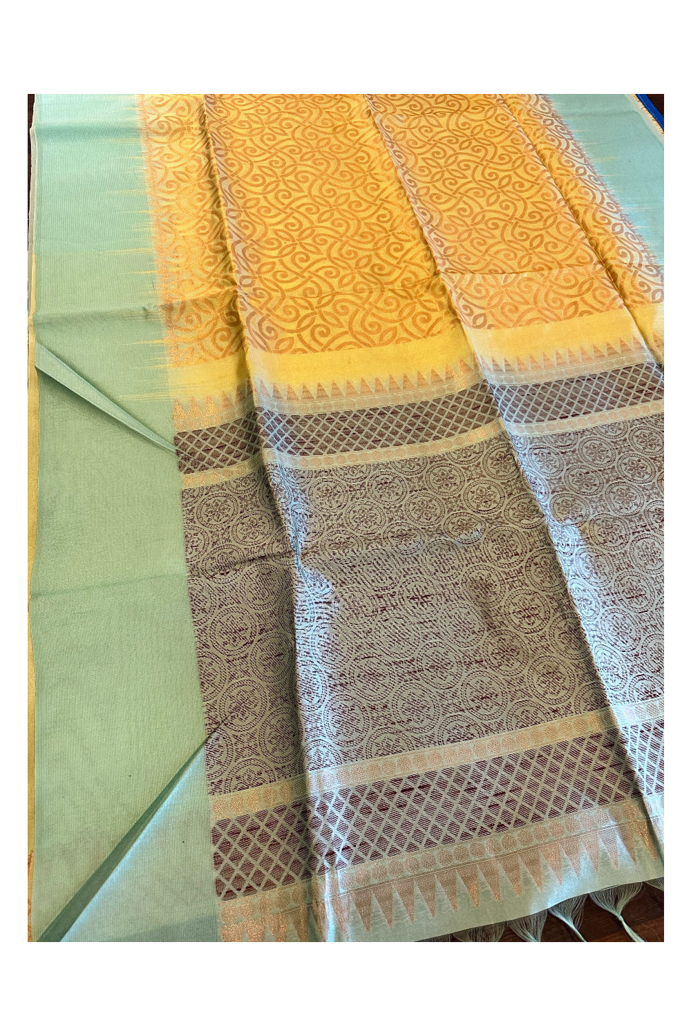 Southloom Semi Tussar Yellow Woven Saree with Turquoise Border