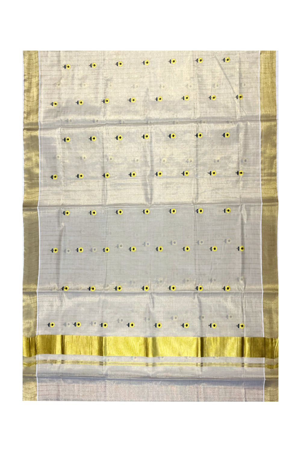 Kerala Tissue Kasavu Lines Saree with Yellow Floral Embroidary Work On Body