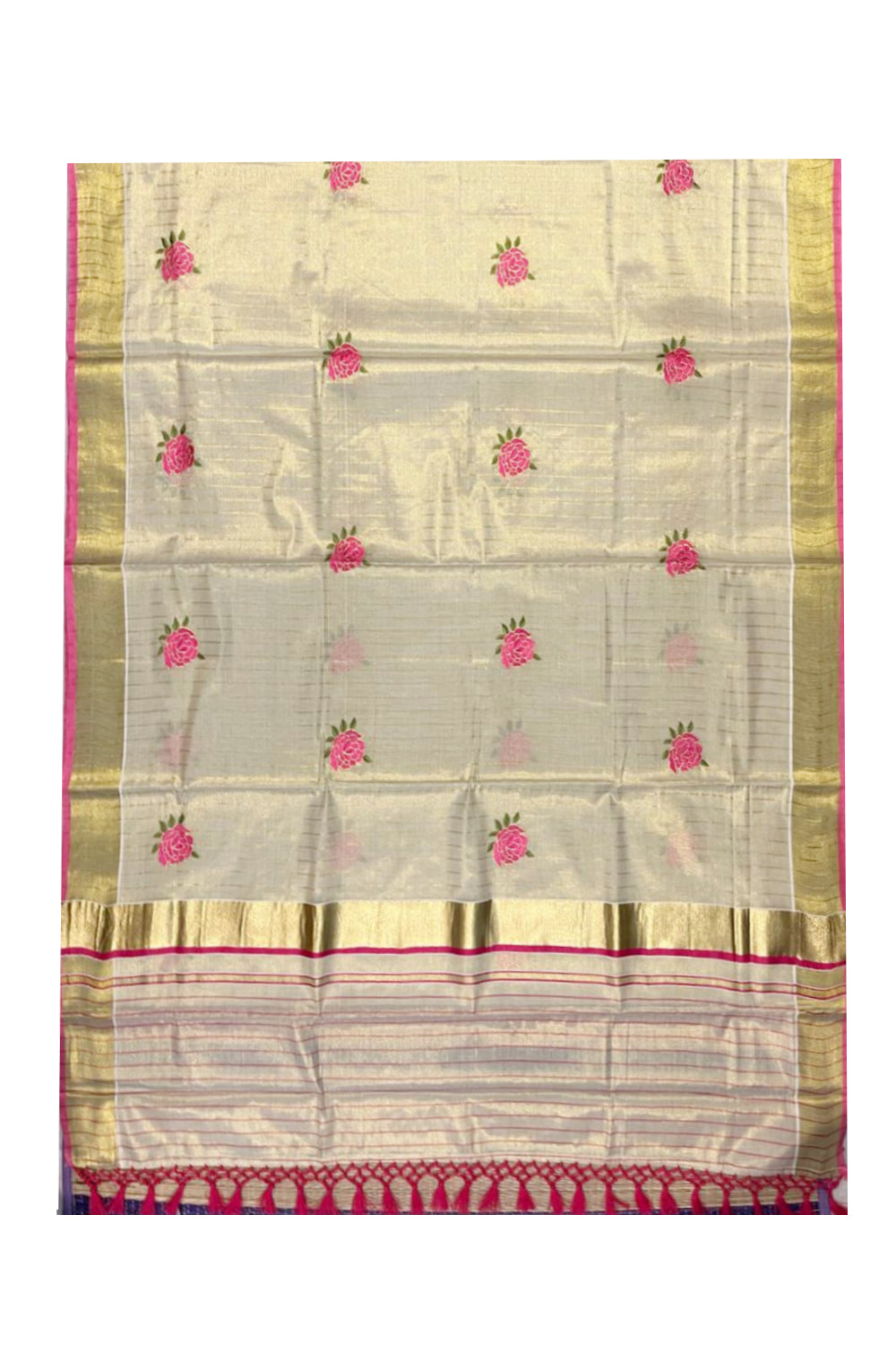 Southloom Kerala Tissue Kasavu Lines Saree with Pink Floral Embroidery Works