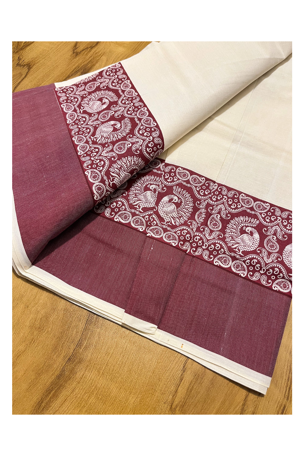 Kerala Cotton Single Set Mundu (Mundum Neriyathum) with Maroon Block print Border 2.80Mtrs