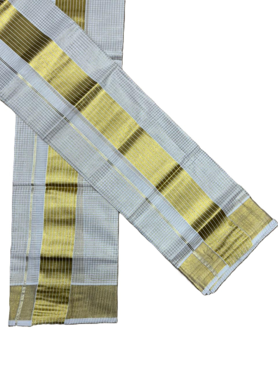 Southloom Kerala Tissue Single Set Mundu (Mundum Neriyathum) with  Kasavu Micro Check Across Body SL