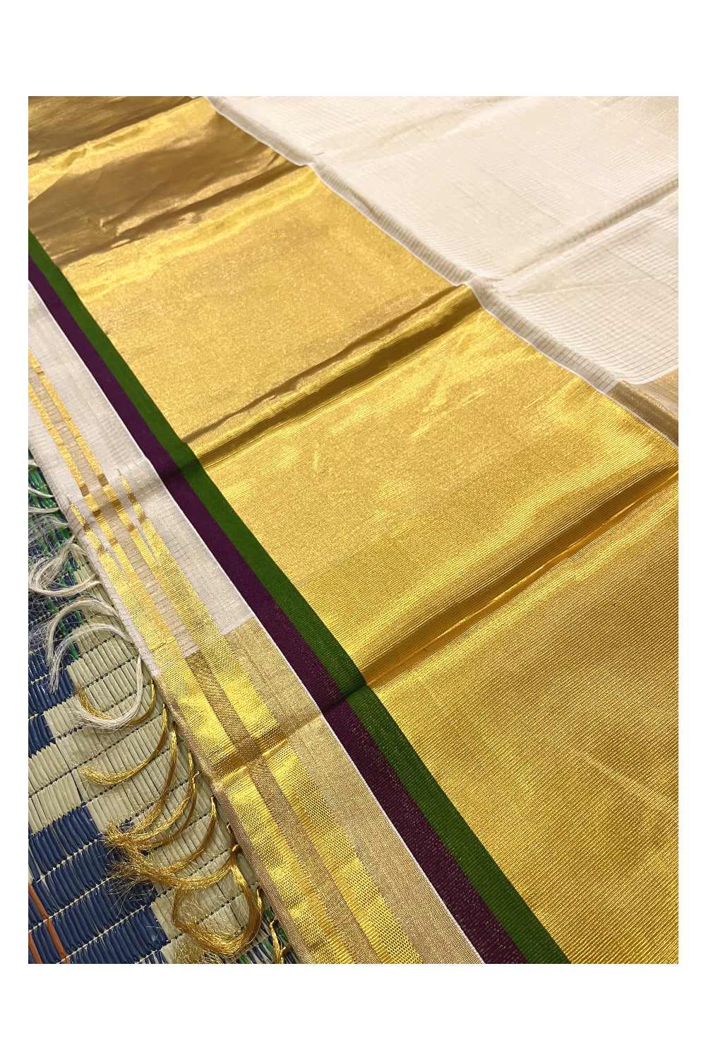 Southloom Handloom Premium Saree with Kasavu Micro Checks Across Body and Violet Green Border (Onam Saree 2023)