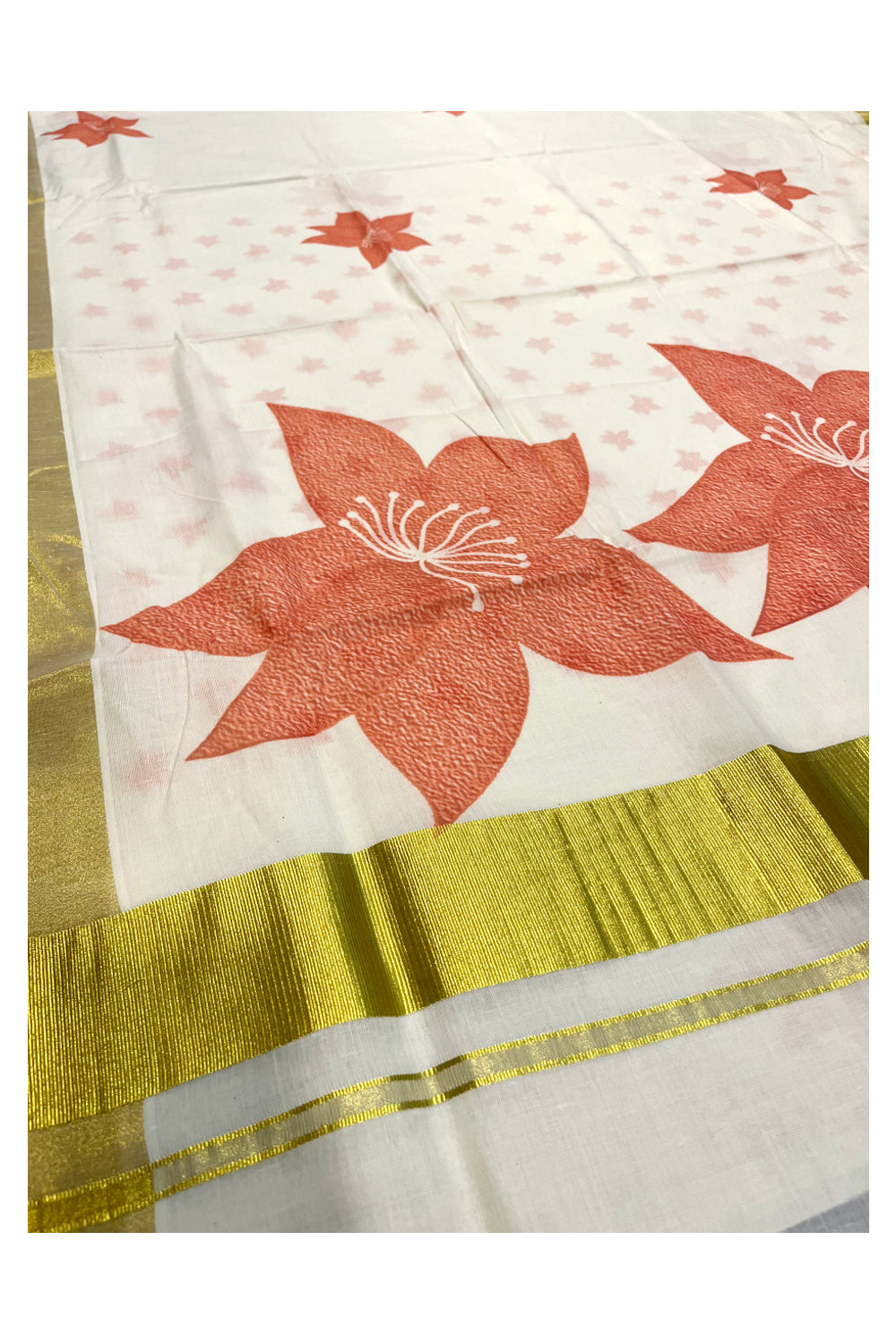 Southloom Exclusive Onam Kasavu Saree with Peach Floral Print Across Body in High Quality (Matching Printed Blouse Included)