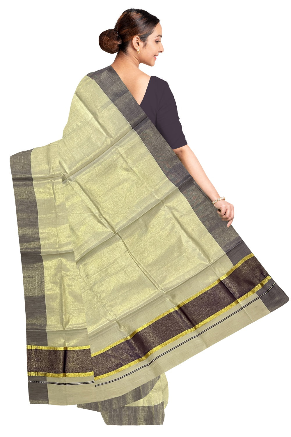 Kerala Tissue Kasavu Plain Saree with Violet and Kasavu Border