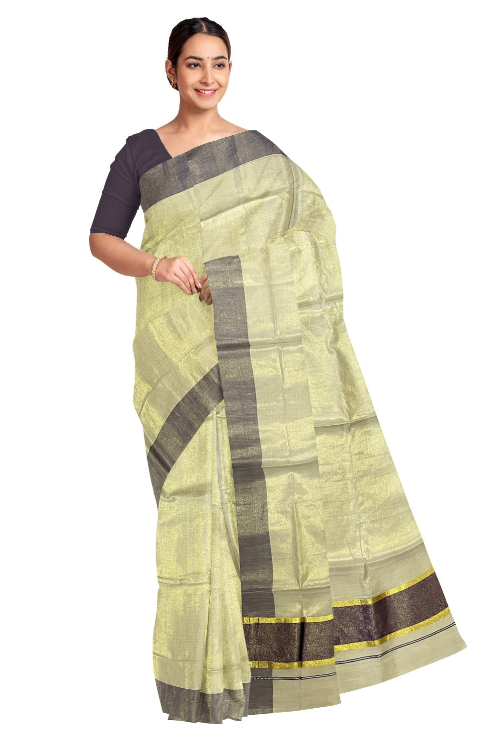 Kerala Tissue Kasavu Plain Saree with Violet and Kasavu Border