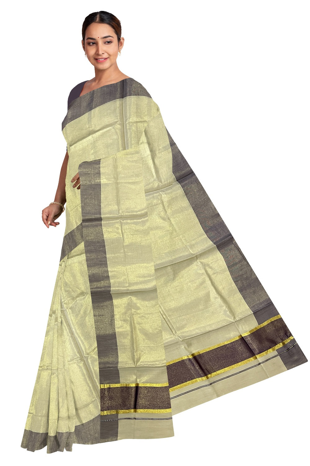 Kerala Tissue Kasavu Plain Saree with Violet and Kasavu Border