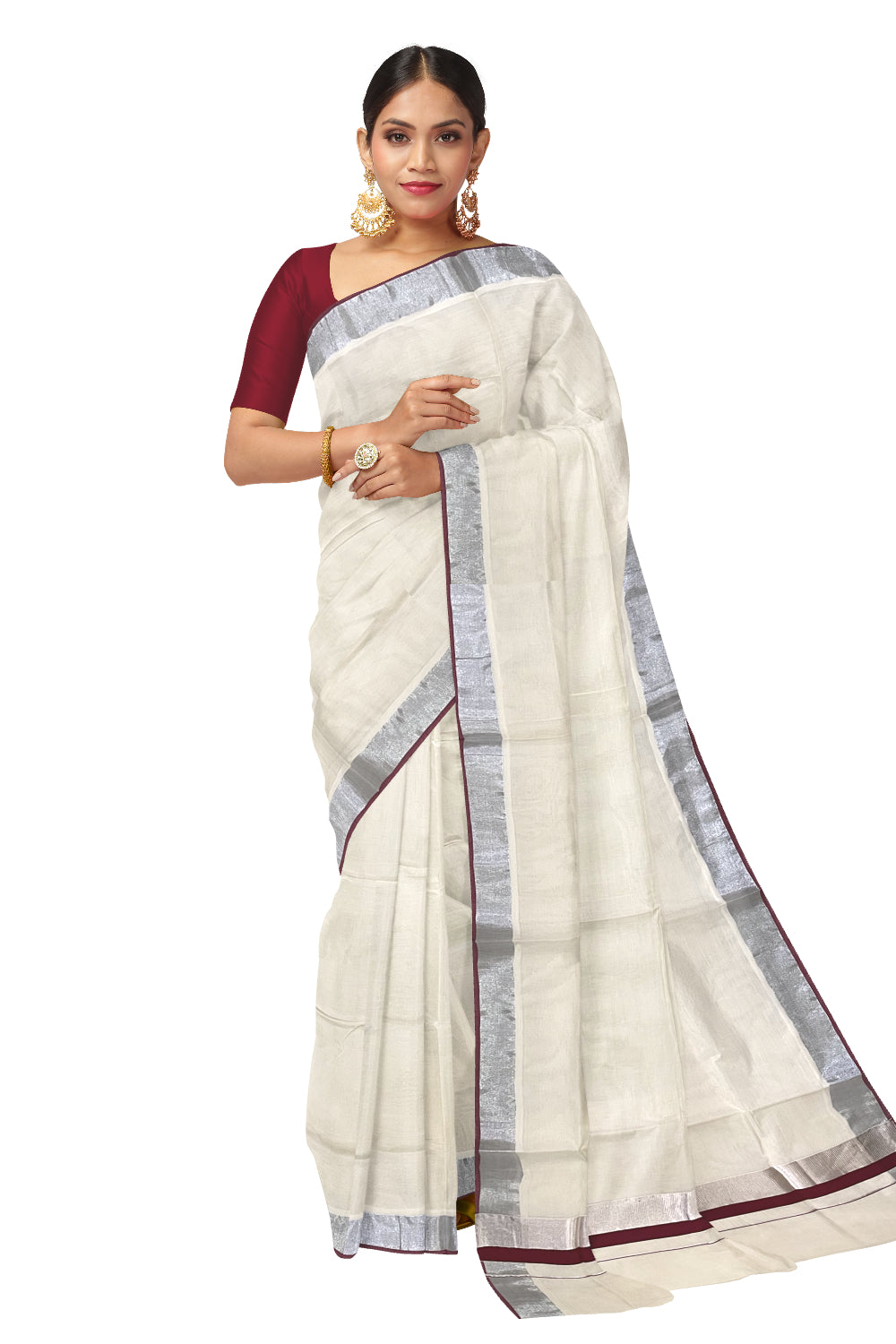 Pure Cotton Kerala Saree with Silver Kasavu and Maroon Border