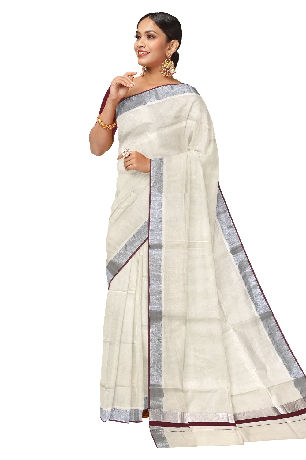 Pure Cotton Kerala Saree with Silver Kasavu and Maroon Border