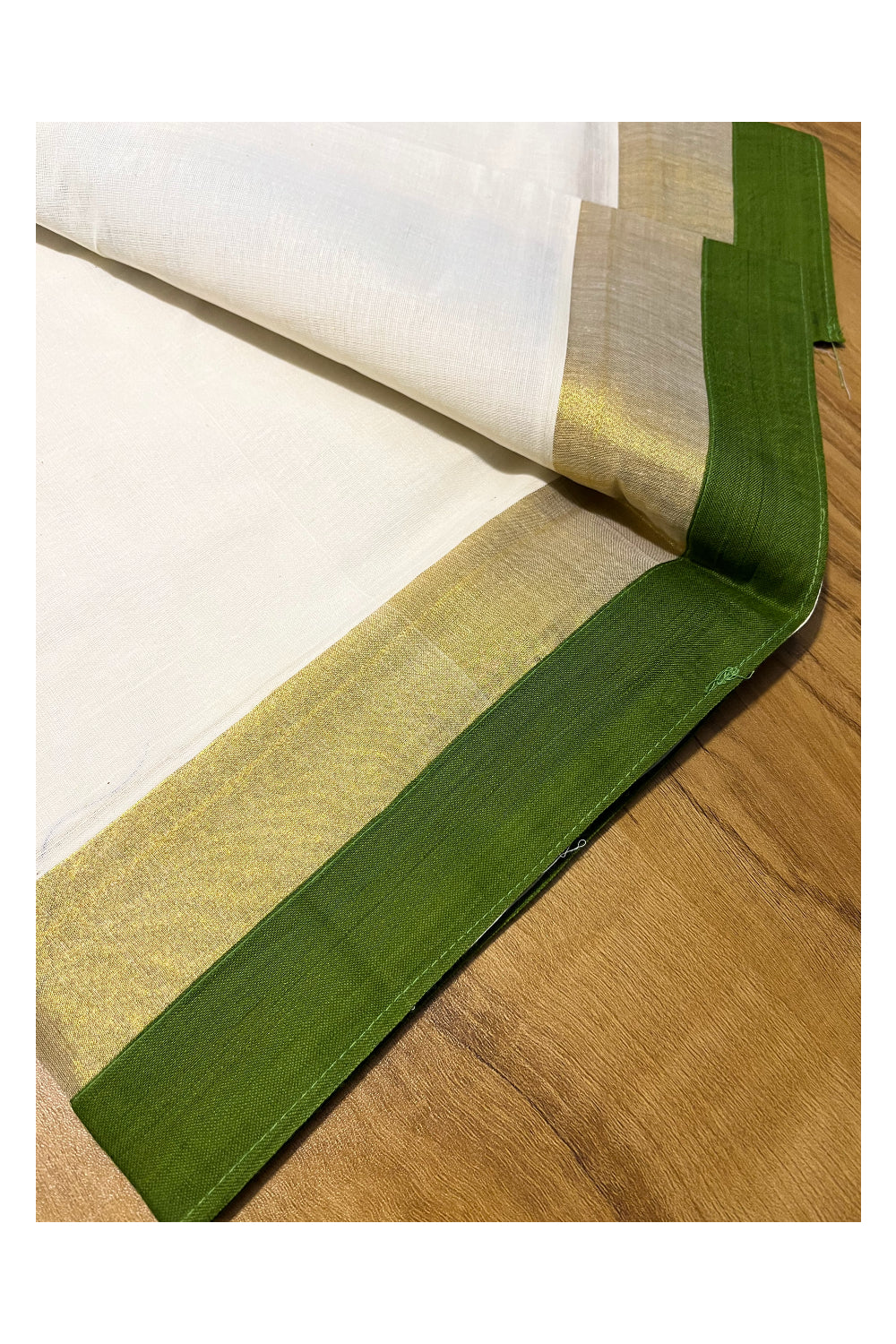 Kerala Cotton Single Set Mundu (Mundum Neriyathum) with Green Temple Applique Work Border 2.80Mtrs