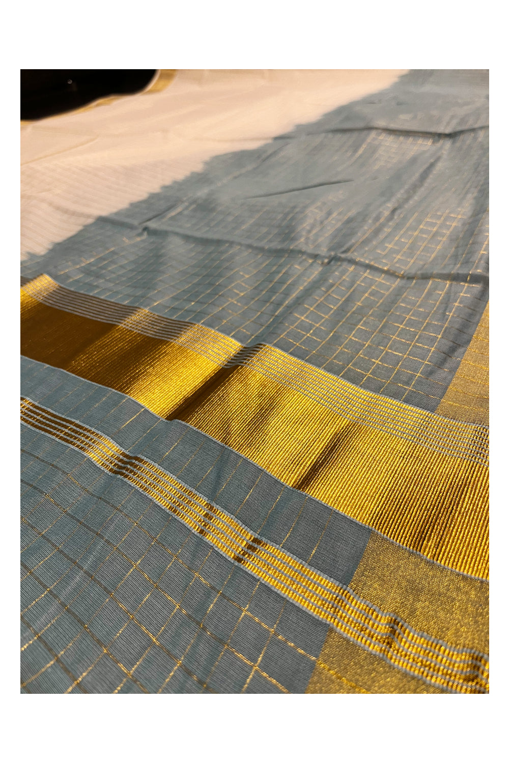 Southloom Cotton Tie & Dye - Half & Half Teal Design Saree with Kasavu Checks Across Body