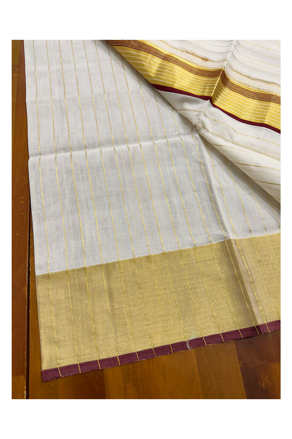 Southloom Premium Handloom Set Mundu with Maroon Border and Kasavu Lines Across Body 2.80 Mtrs