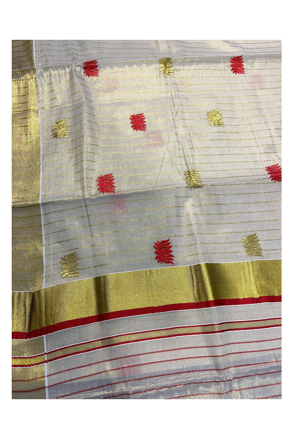 Kerala Tissue Kasavu Lines Saree with Red And Golden Lotus Embroidery Works