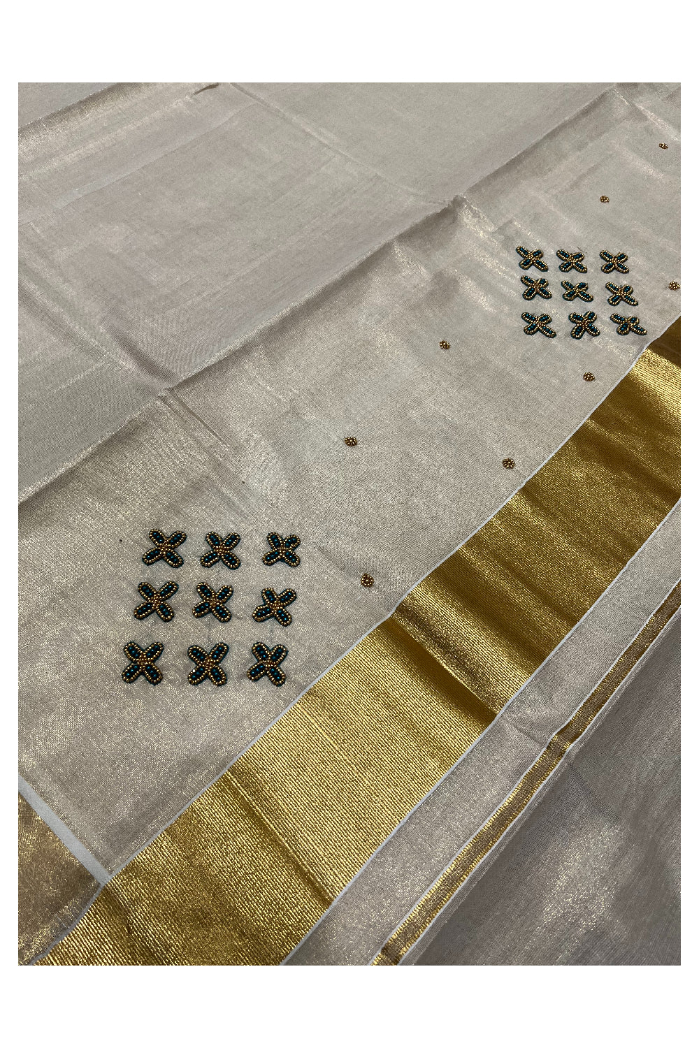 Kerala Tissue Kasavu Saree with Bead Work Design and Green Blouse Piece (Vishu 2024 Collection)