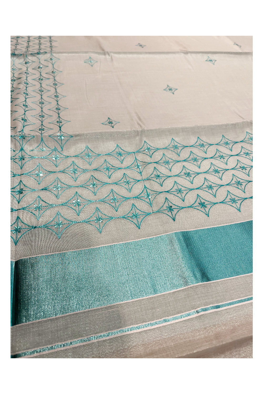 Southloom Kerala Turquoise Tissue Saree with Sequence Work