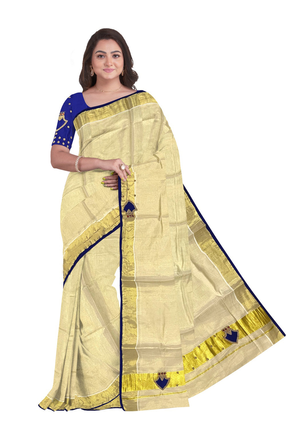 Kerala Tissue Kasavu Bead Work Designer Saree with Seperate Blue Blouse Piece (Onam Saree 2023)