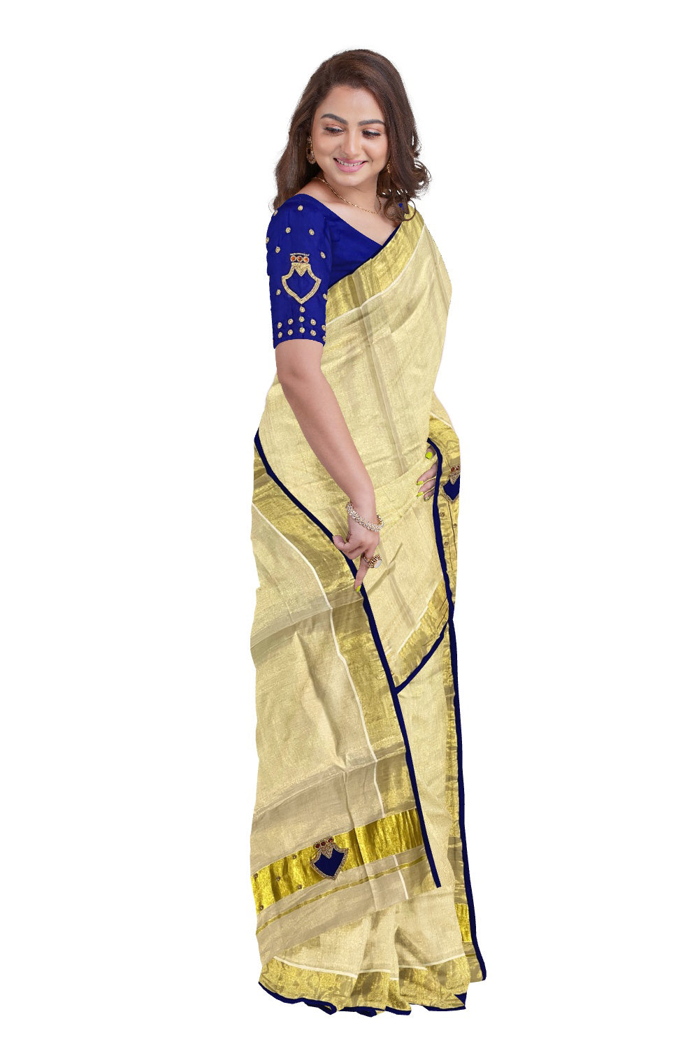 Kerala Tissue Kasavu Bead Work Designer Saree with Seperate Blue Blouse Piece (Onam Saree 2023)