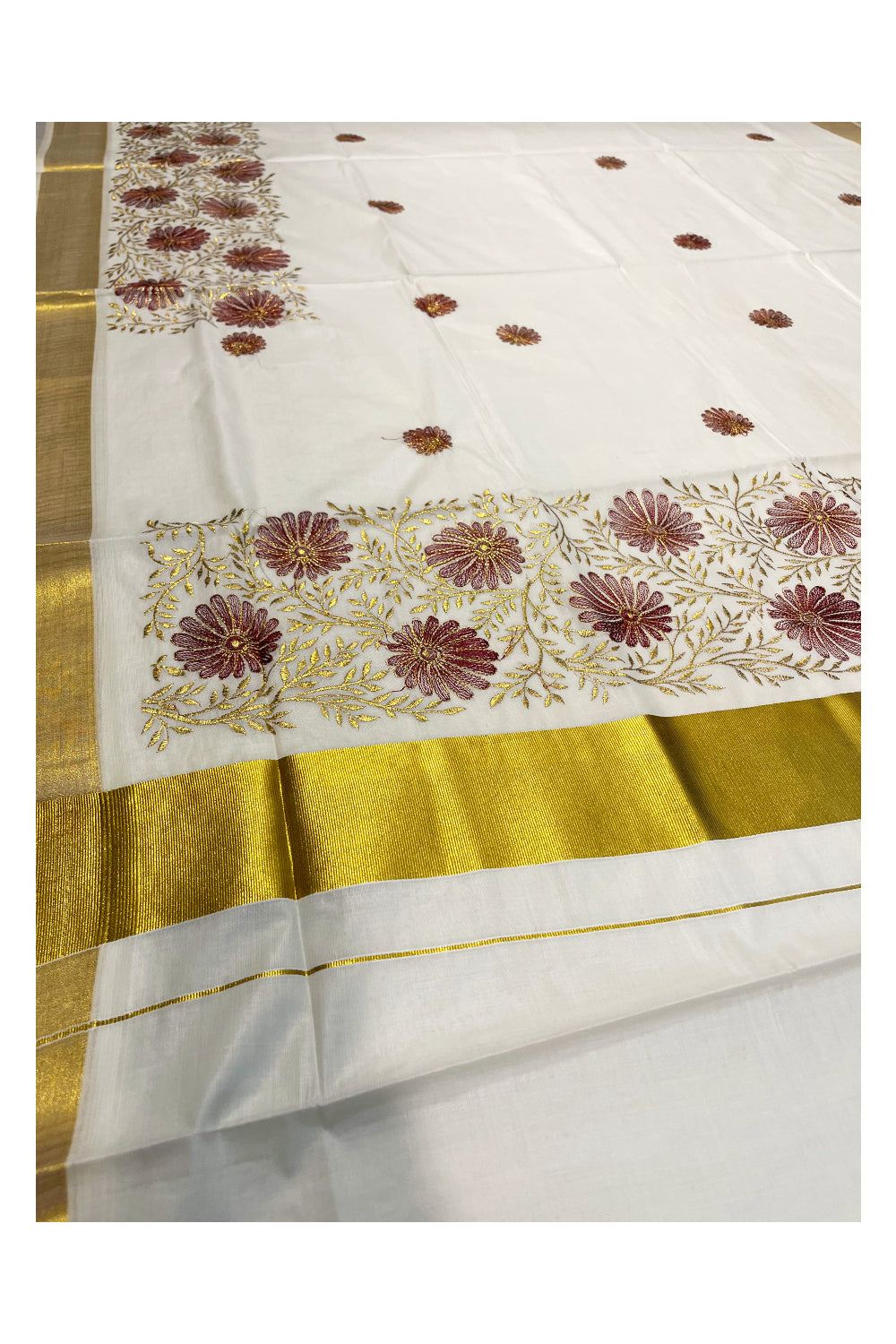 Kerala Cotton Kasavu Saree with Golden and Maroon Floral Embroidery Work