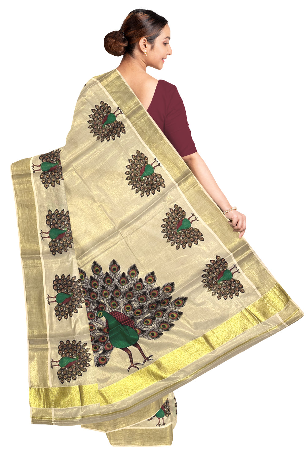 Kerala Tissue Kasavu Saree with Peacock Mural Prints (Onam Saree 2023)