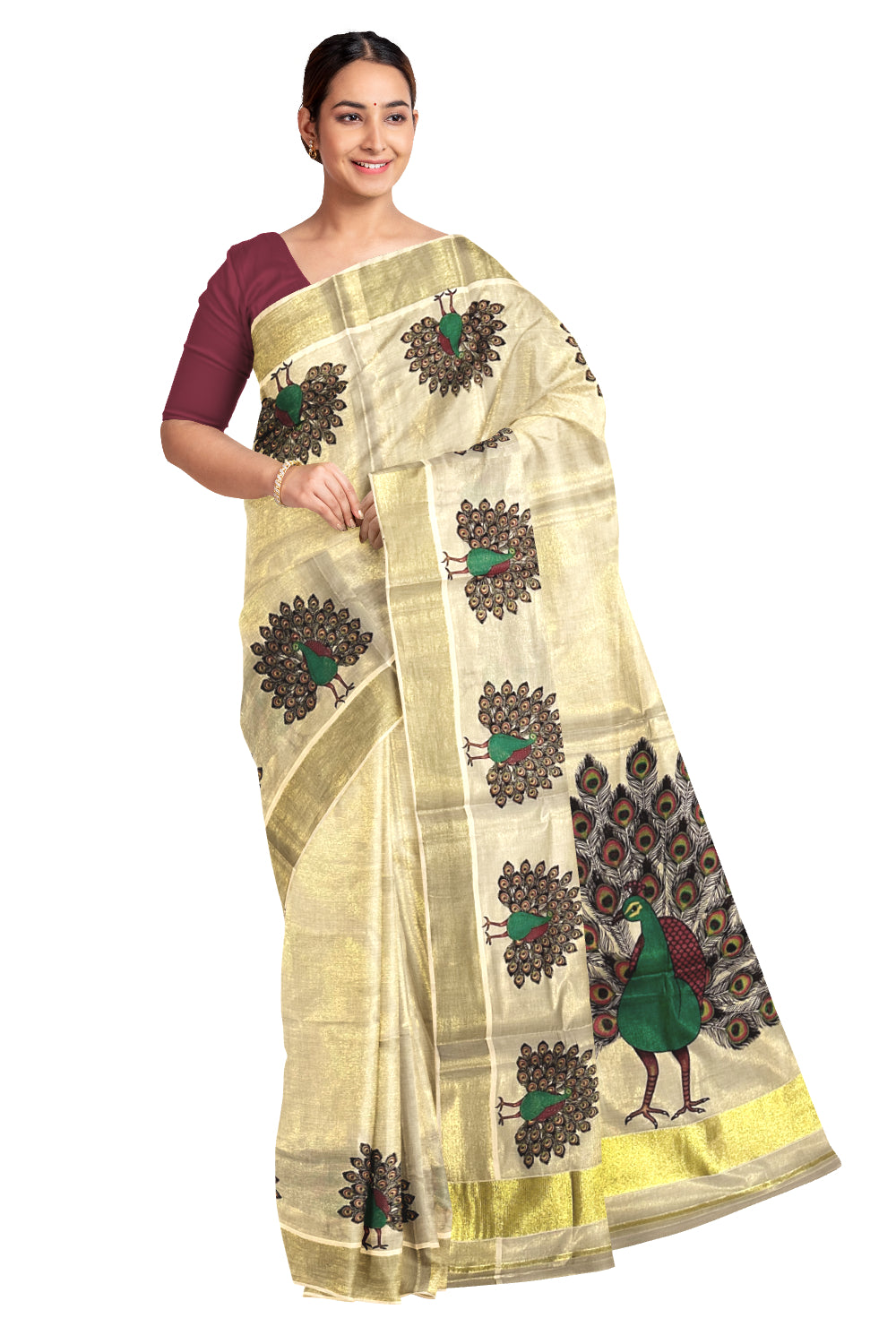 Kerala Tissue Kasavu Saree with Peacock Mural Prints (Onam Saree 2023)