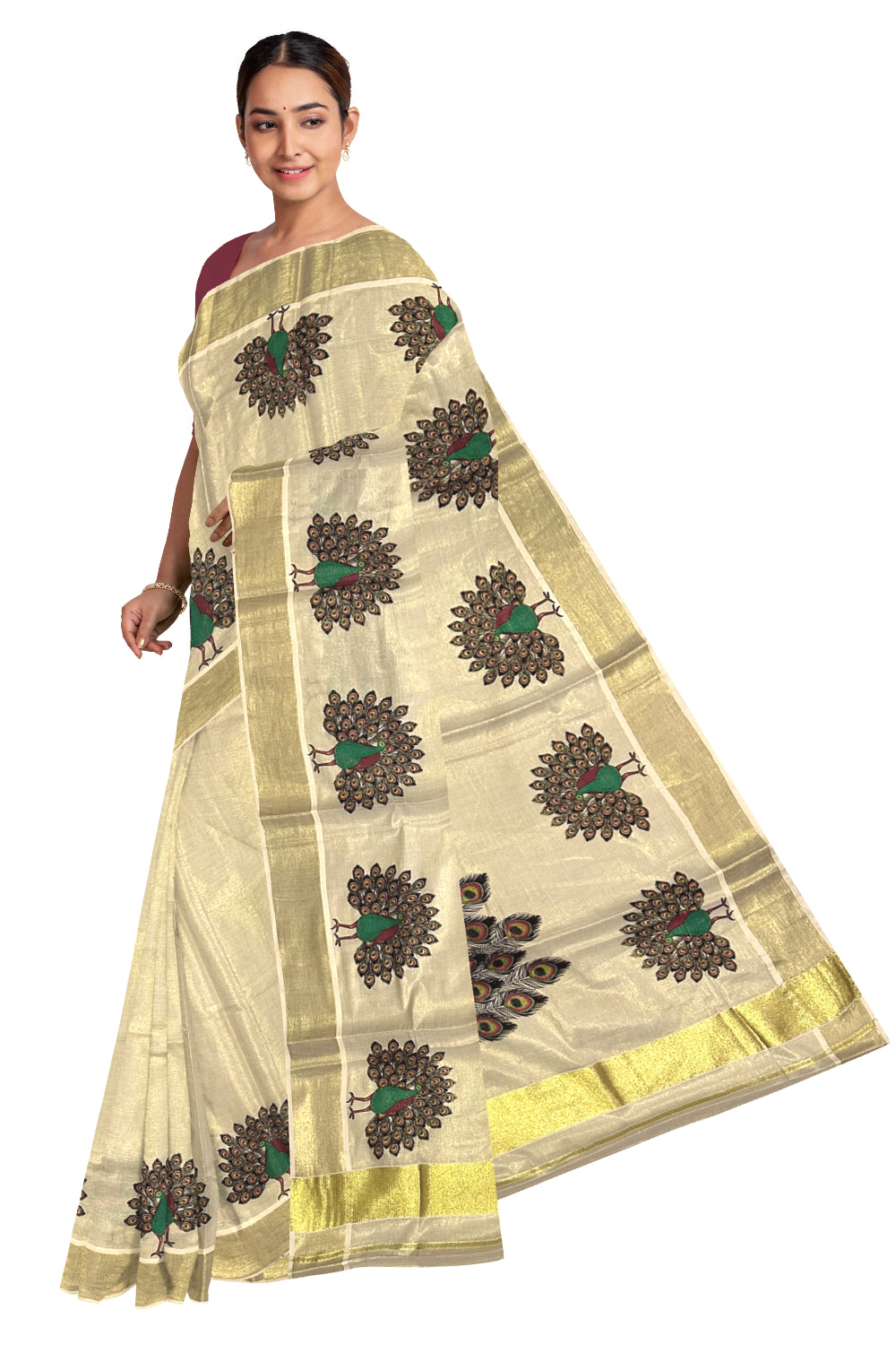 Kerala Tissue Kasavu Saree with Peacock Mural Prints (Onam Saree 2023)