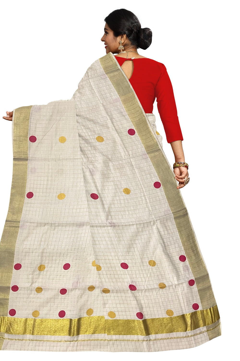 Southloom Micro Check Kasavu Saree with Pink and Golden Polka Dot Prints Across Body