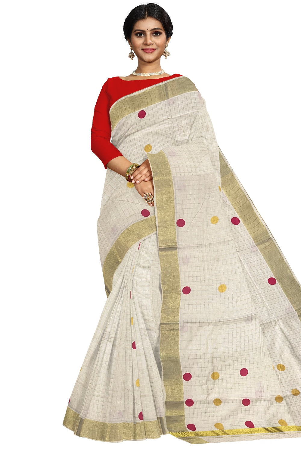 Southloom Micro Check Kasavu Saree with Pink and Golden Polka Dot Prints Across Body