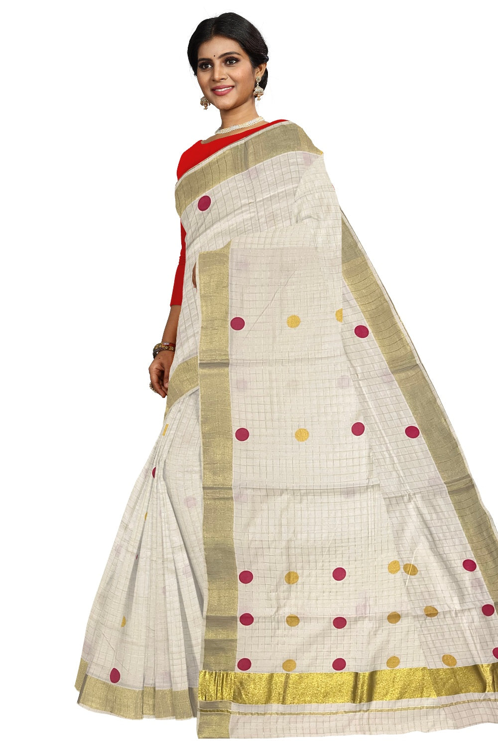 Southloom Micro Check Kasavu Saree with Pink and Golden Polka Dot Prints Across Body