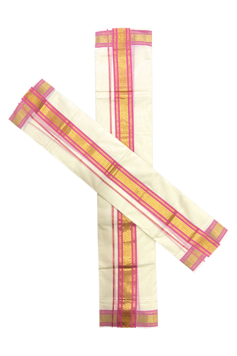 Pure Cotton Mundum Neriyathum Double (Set Mundu) with Pink and Kasavu Border 2.80 Mtrs