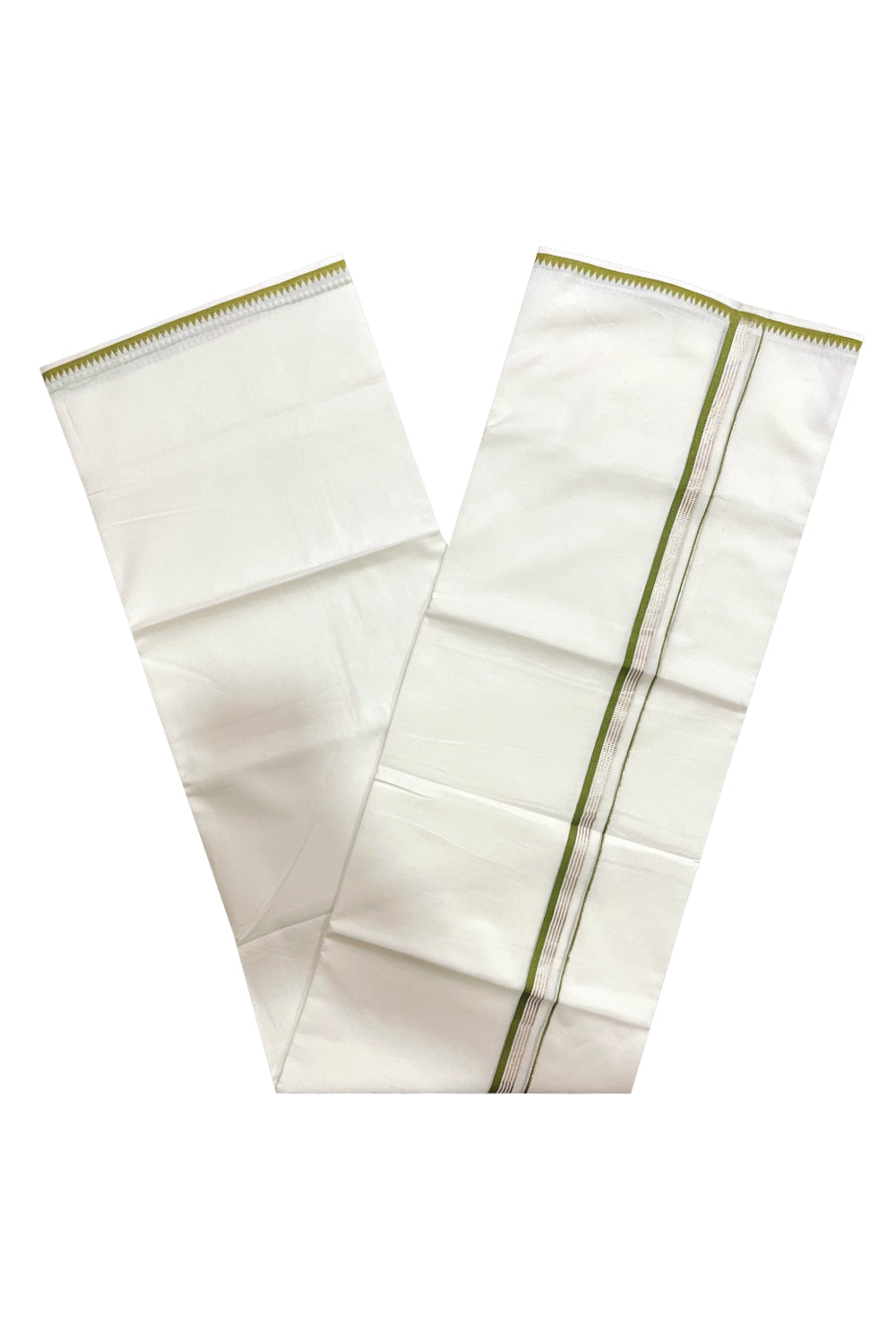 Pure White Cotton Double Mundu with Silver Kasavu and Green Border (South Indian Kerala Dhoti)