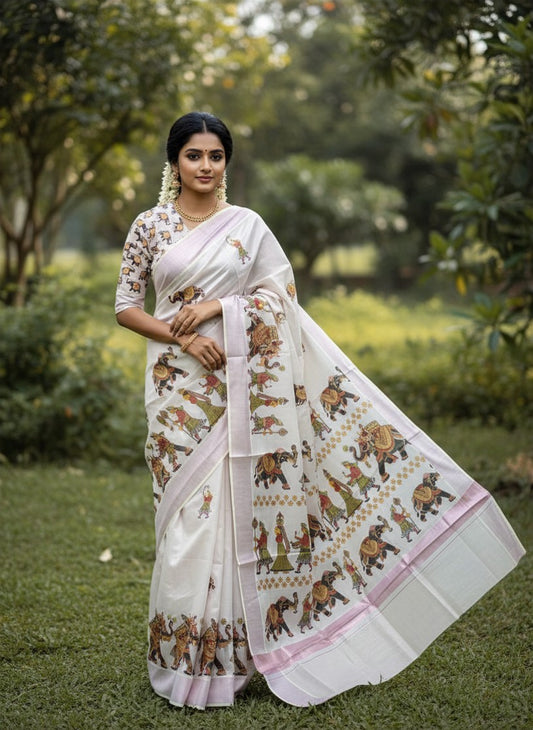 Kerala Rose Copper Tissue Kasavu Saree With Mural Festival Parasol and Elephant Design (include Printed Running Blouse)