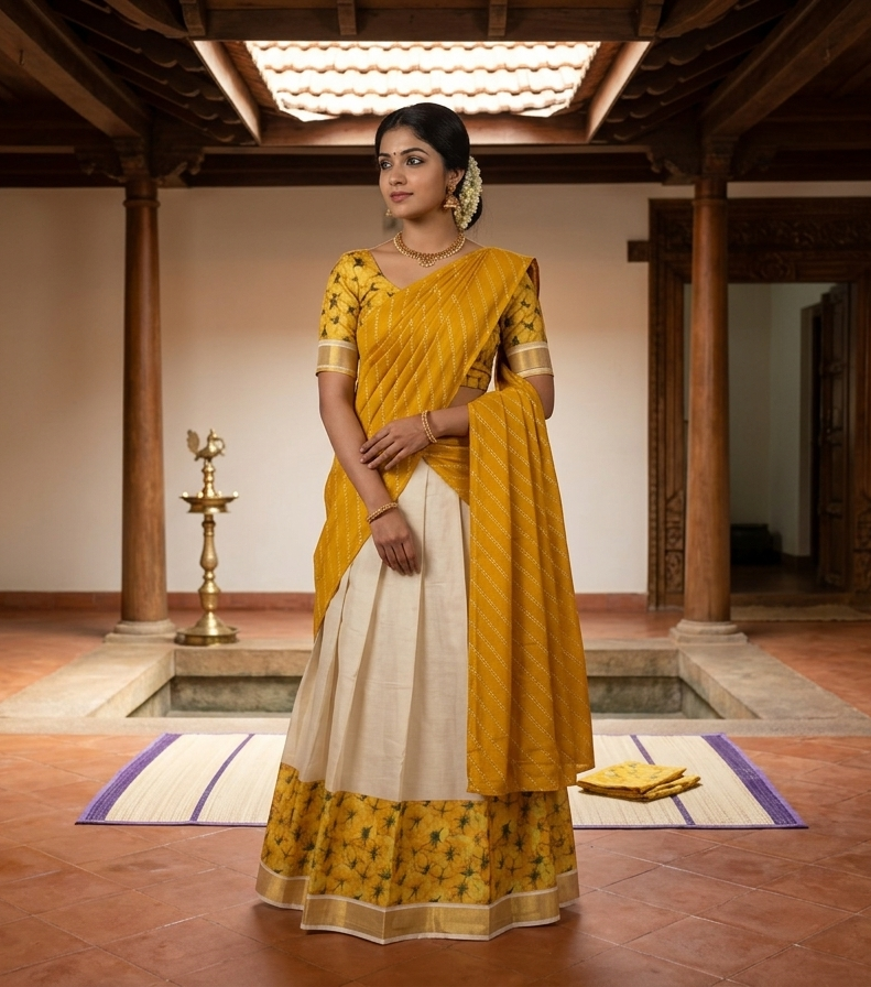 Southloom Semi Stitched Dhavani Set with Pavada and Yellow Blouse Piece With Kanikonna Print SL290