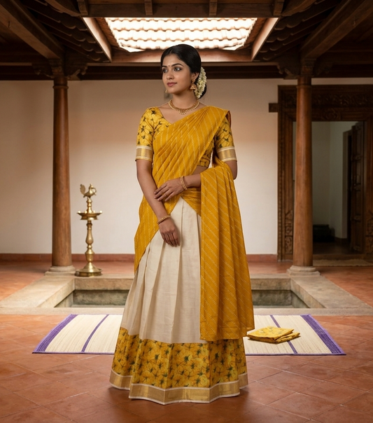Southloom Semi Stitched Dhavani Set with Pavada and Yellow Blouse Piece With Kanikonna Print SL290