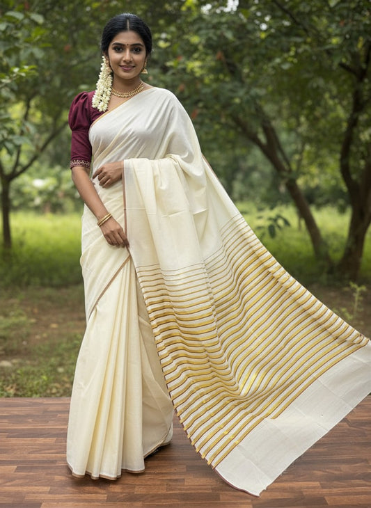 Southloom Puliyilakkara Maroon and Gold Kasavu Kerala Saree with Woven Blouse