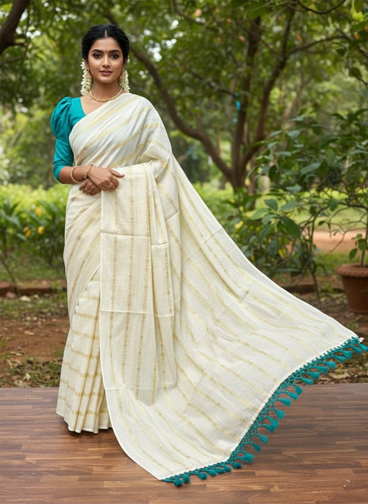 Southloom Cotton Kerala Kasavu Saree with Stripes on Body and Peacock Green Tussels