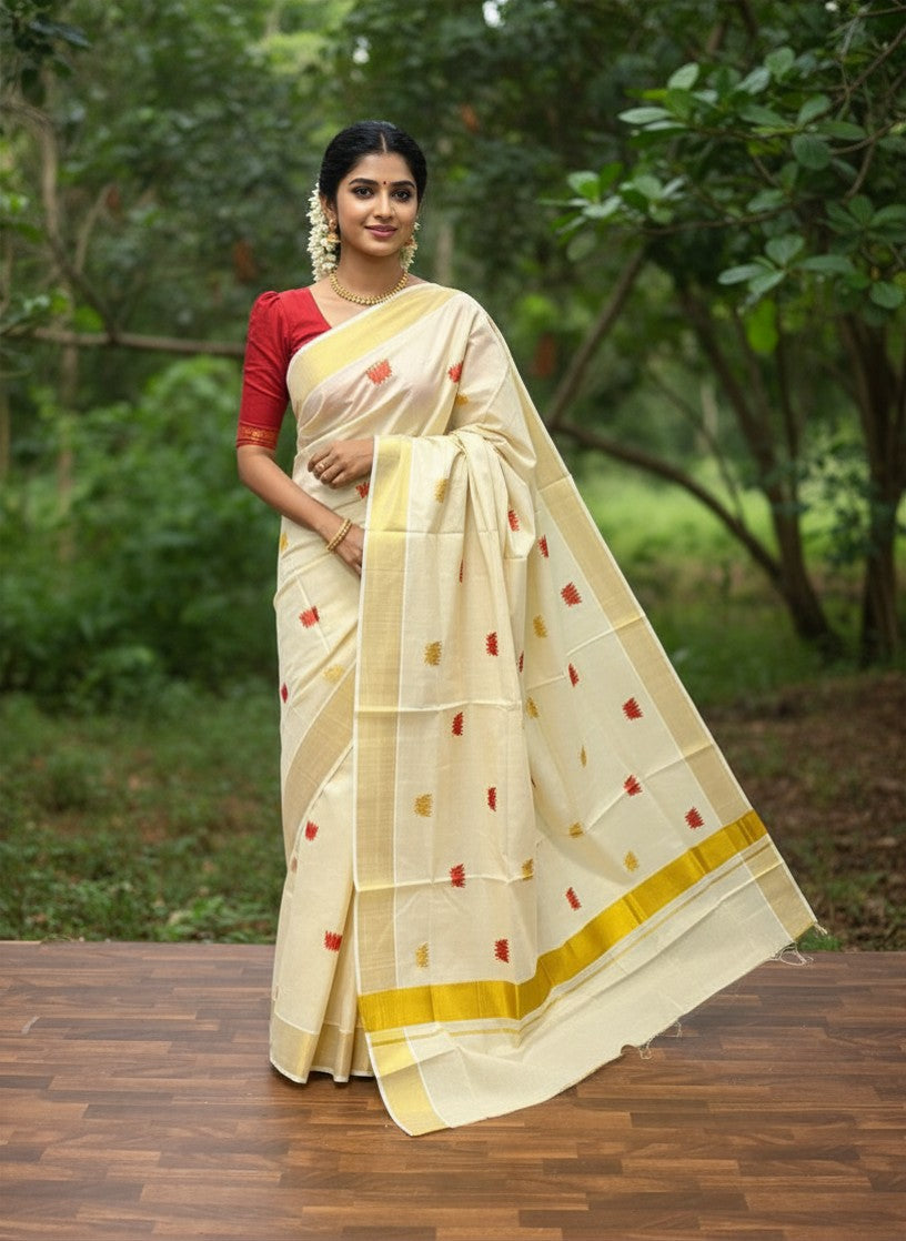 Southloom Kerala Tissue Kasavu Plain Saree with Red Lotus Embroidery Works SL289
