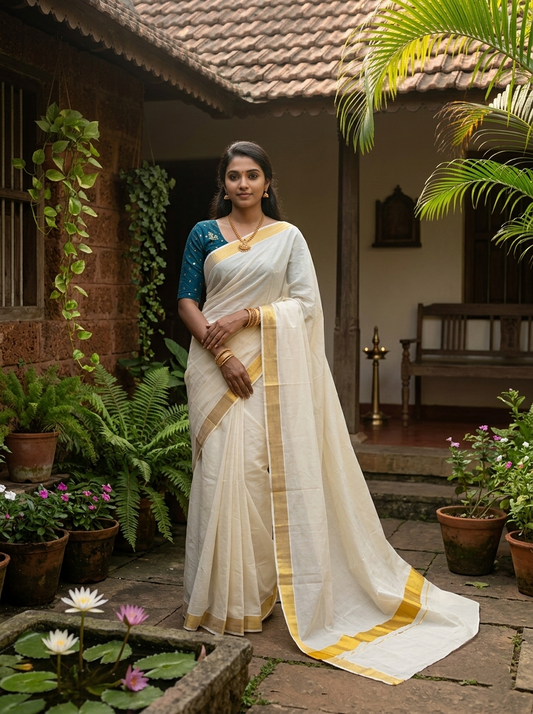 Southloom Pure Cotton Kerala Saree with 2 inch Gold Kasavu Border