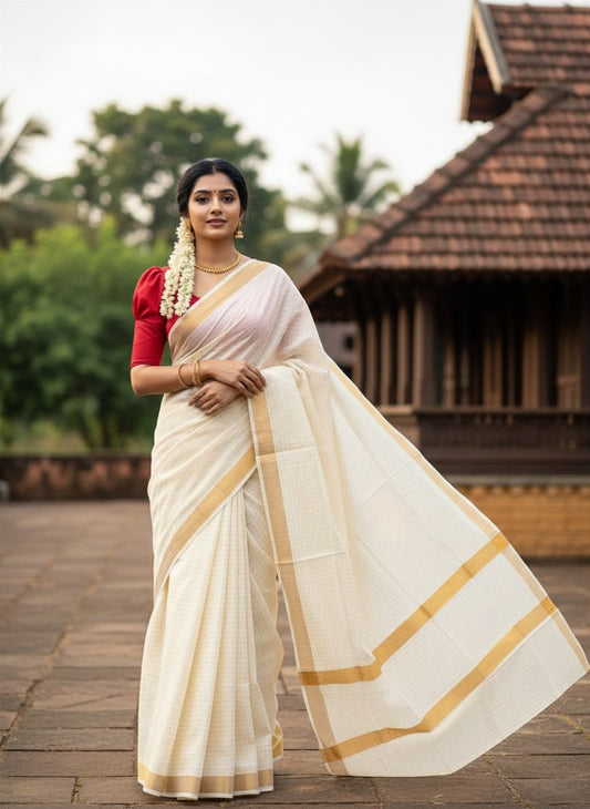 Pure Cotton Kerala Saree with Kasavu Check Designs Across Body