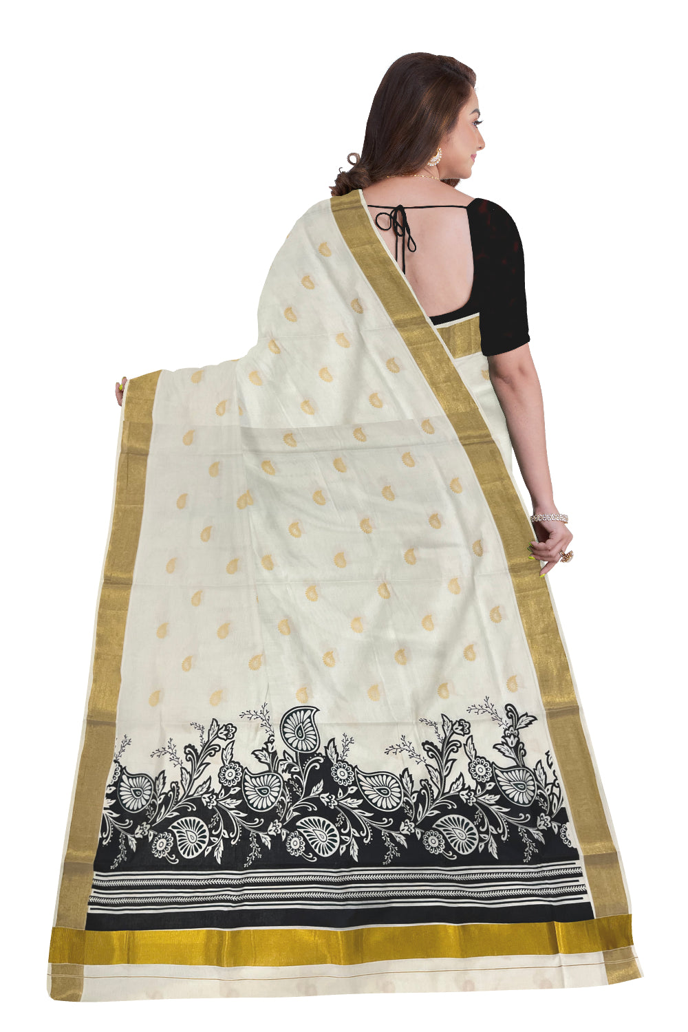 Kerala Cotton Saree with Black Block Prints on Pallu and Golden Block Prints on Body