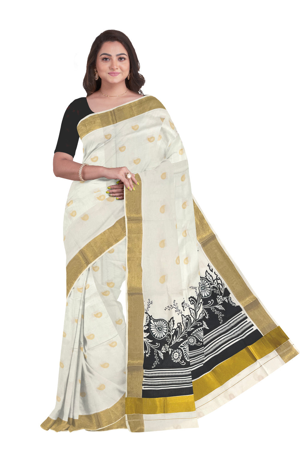 Kerala Cotton Saree with Black Block Prints on Pallu and Golden Block Prints on Body