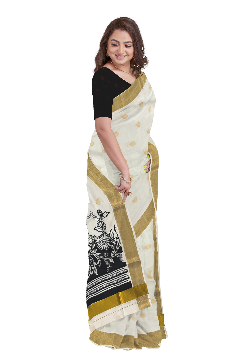 Kerala Cotton Saree with Black Block Prints on Pallu and Golden Block Prints on Body