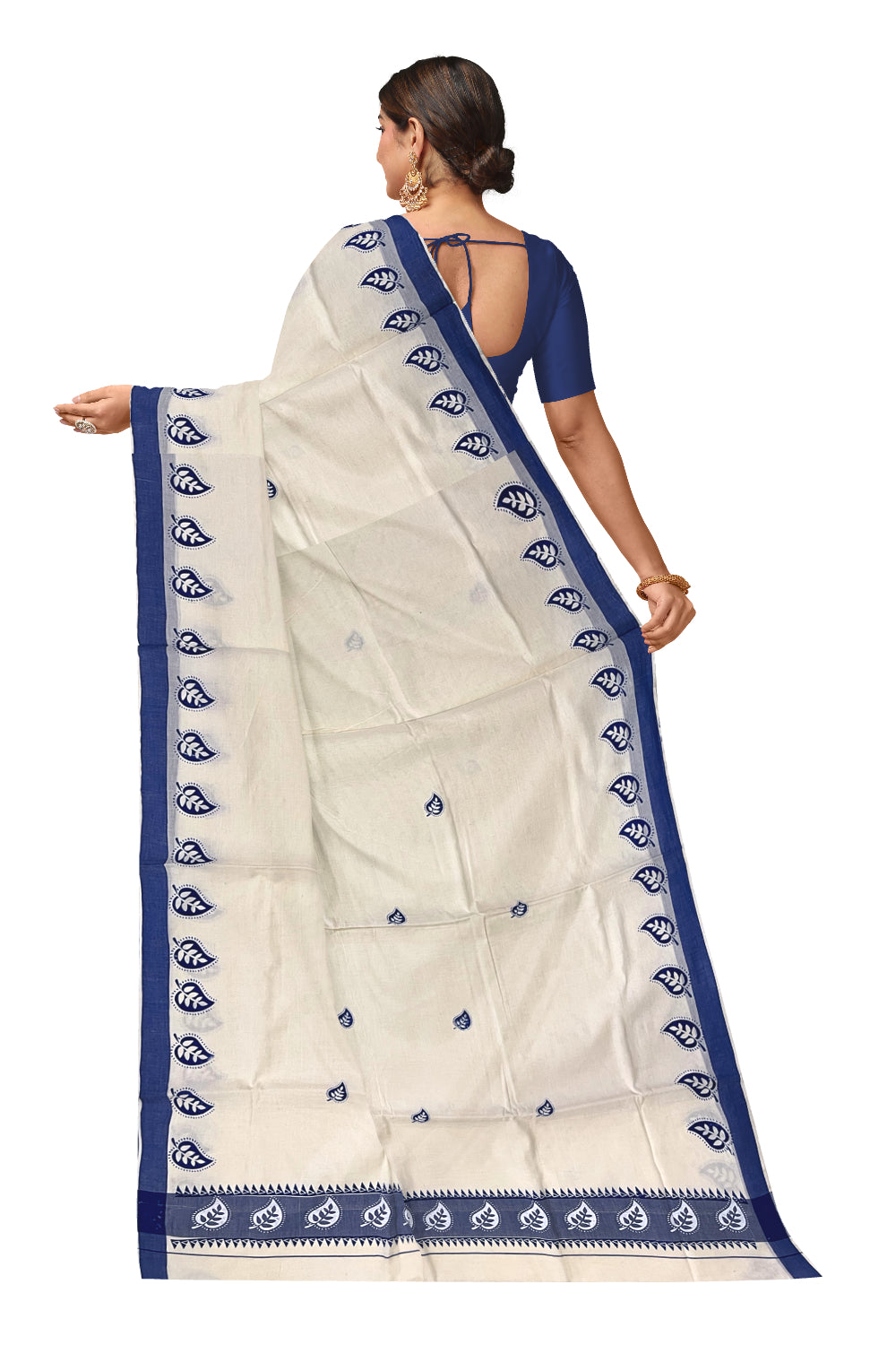 Kerala Cotton Saree with Blue Leaf Block Prints on Border