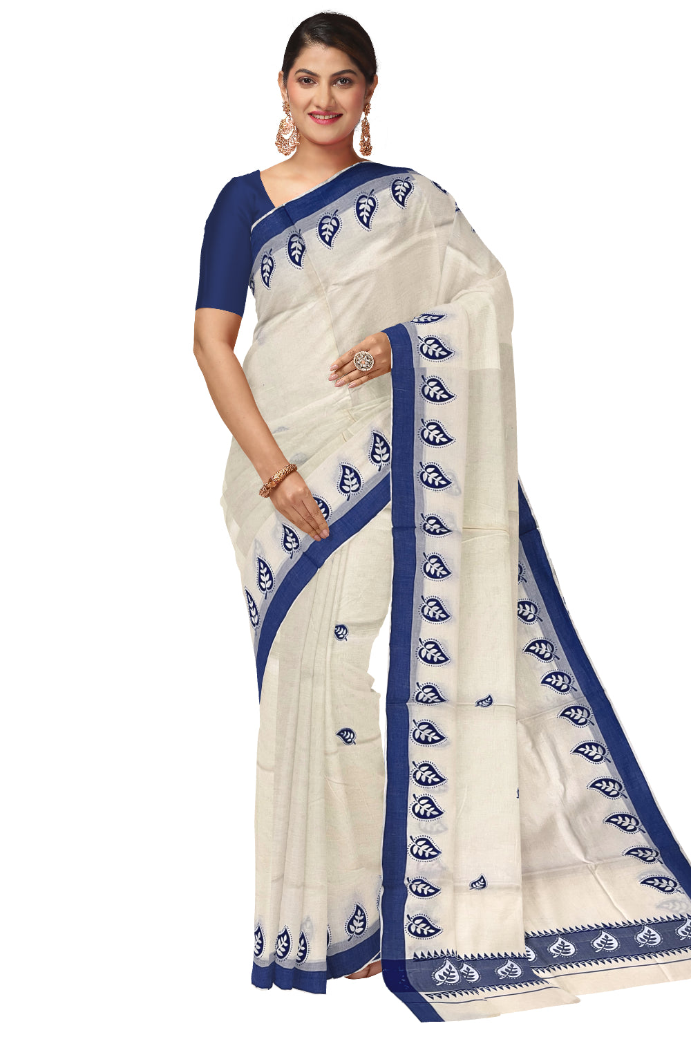 Kerala Cotton Saree with Blue Leaf Block Prints on Border